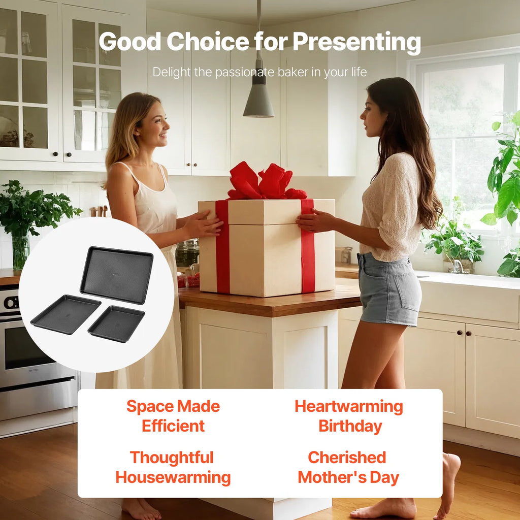 3-Piece Nonstick Carbon Steel Baking Sheet Set, Oven Trays for Cookies, Roasting & Baking, Stackable Bakeware, 450°F Heat Resistant