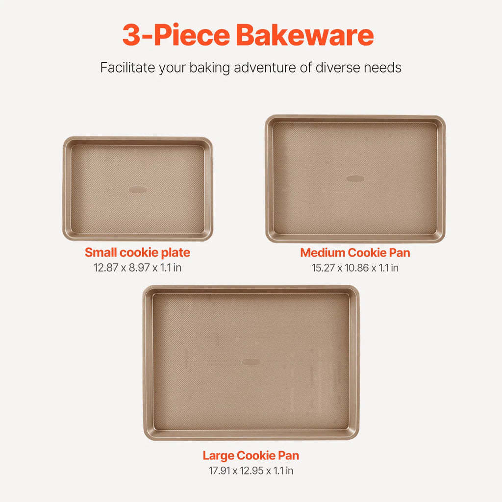 3 Pack Nonstick Carbon Steel Baking Sheet Set, Oven Cookie Tray Pans, Stackable Bakeware for Cookies, Cakes, Roasting, Dishwasher Safe
