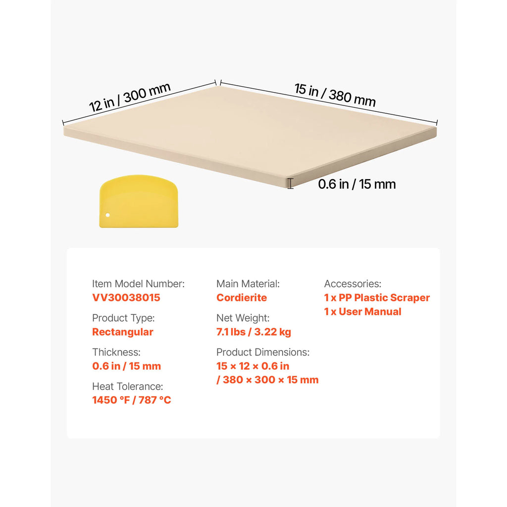 15"x12" Cordierite Pizza Stone for Oven & Grill, Rectangular Baking Stone with Dough Scraper, Crispy Crust Pizza Bread Baking Plate