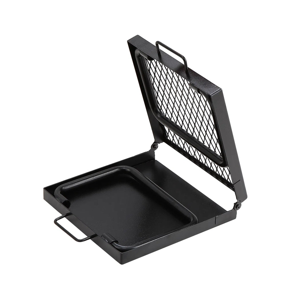 Foldable Campfire Grill, 22.4in Portable Over Fire Pit Cooking Grate, Half Grill & Half Griddle Heavy Duty Steel Camping BBQ Rack with Carry Bag for Outdoor Open Flame Cooking
