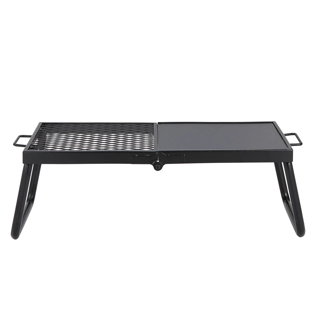 Foldable Campfire Grill, 22.4in Portable Over Fire Pit Cooking Grate, Half Grill & Half Griddle Heavy Duty Steel Camping BBQ Rack with Carry Bag for Outdoor Open Flame Cooking