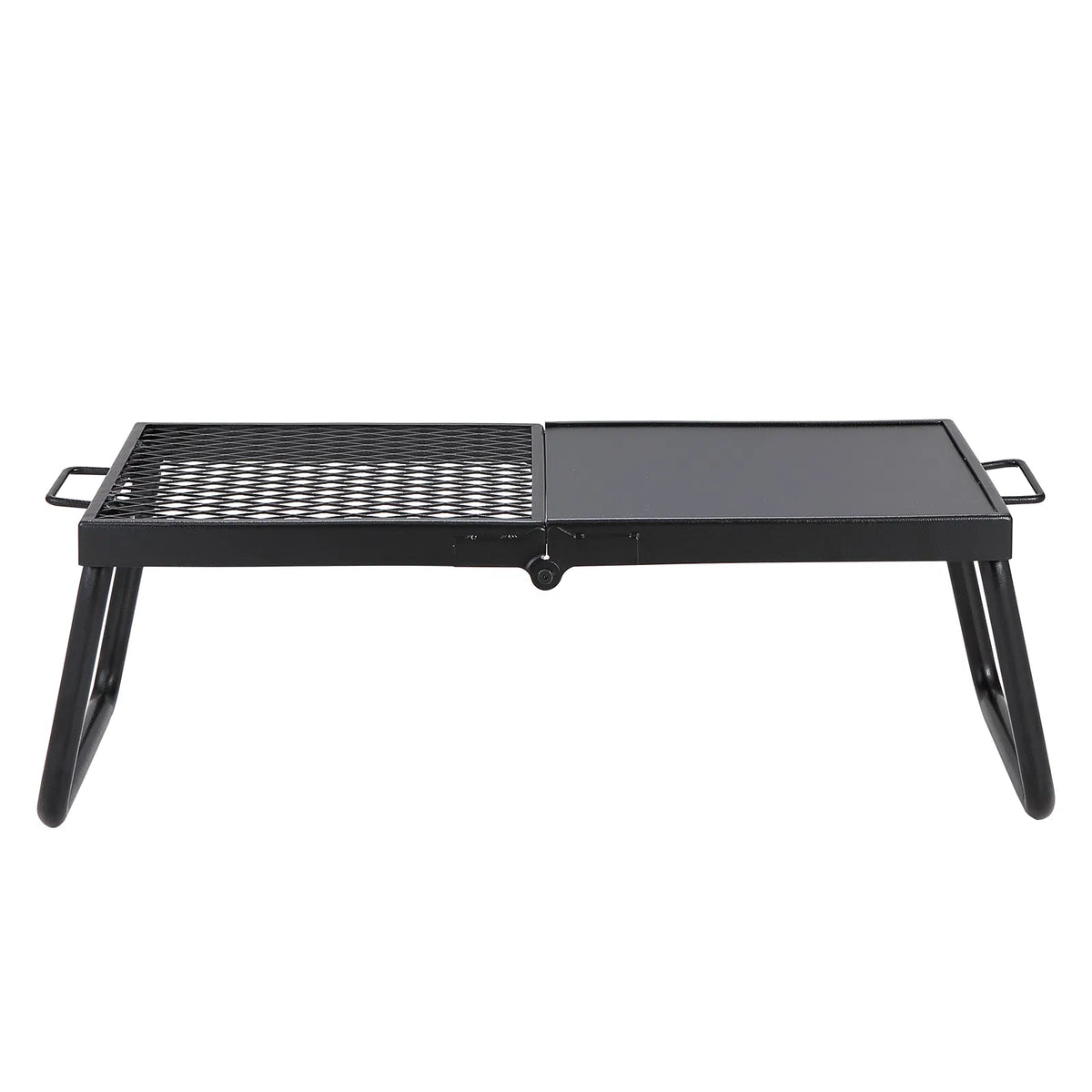 Foldable Campfire Grill, 22.4in Portable Over Fire Pit Cooking Grate, Half Grill & Half Griddle Heavy Duty Steel Camping BBQ Rack with Carry Bag for Outdoor Open Flame Cooking