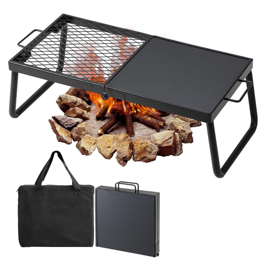 Foldable Campfire Grill, 22.4in Portable Over Fire Pit Cooking Grate, Half Grill & Half Griddle Heavy Duty Steel Camping BBQ Rack with Carry Bag for Outdoor Open Flame Cooking