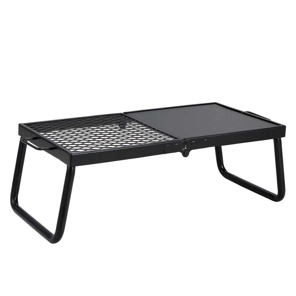 Foldable Campfire Grill, 22.4in Portable Over Fire Pit Cooking Grate, Half Grill & Half Griddle Heavy Duty Steel Camping BBQ Rack with Carry Bag for Outdoor Open Flame Cooking