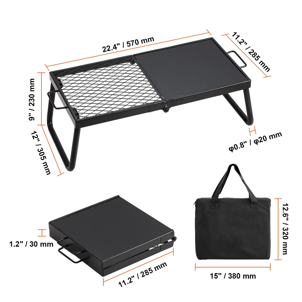 Foldable Campfire Grill, 22.4in Portable Over Fire Pit Cooking Grate, Half Grill & Half Griddle Heavy Duty Steel Camping BBQ Rack with Carry Bag for Outdoor Open Flame Cooking