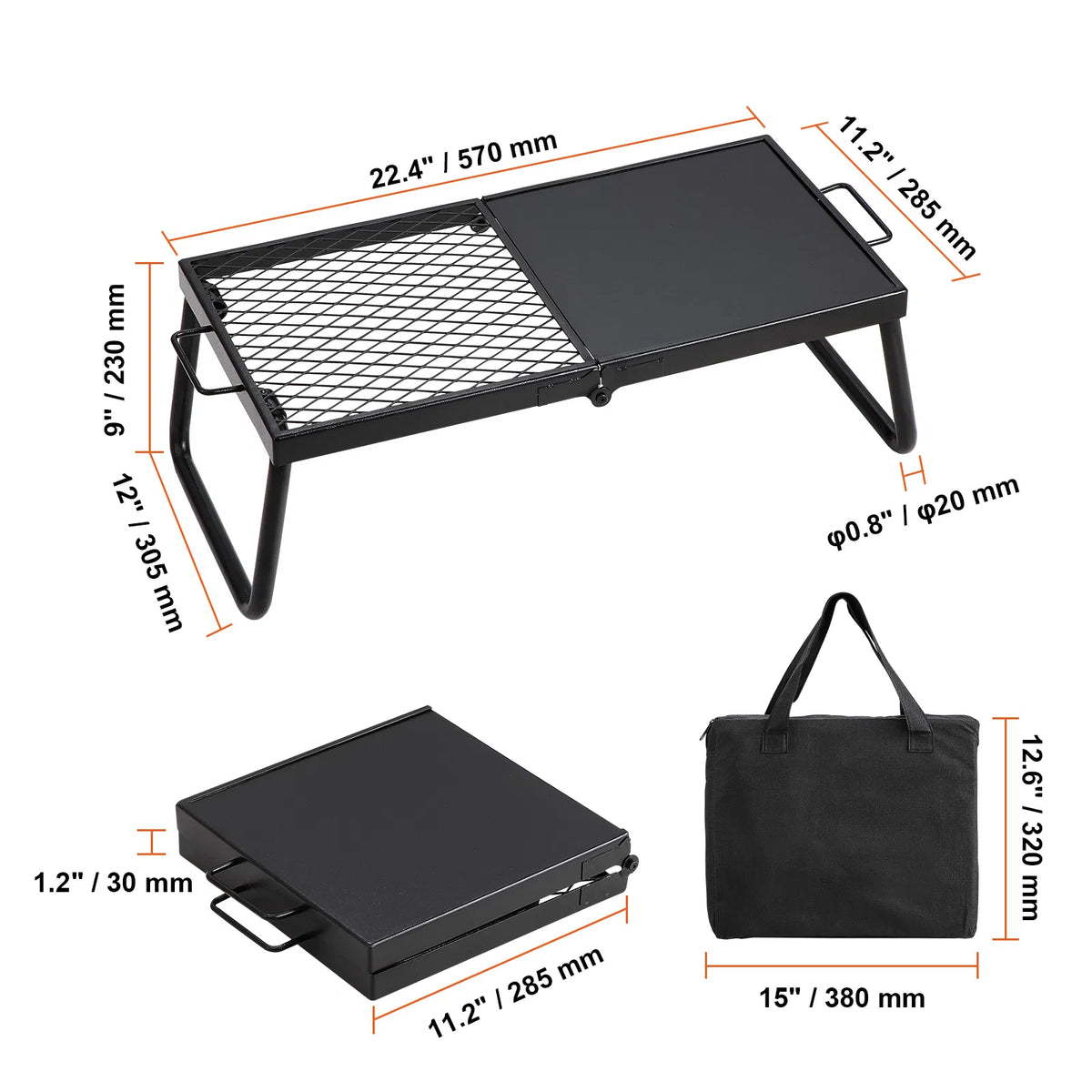 Foldable Campfire Grill, 22.4in Portable Over Fire Pit Cooking Grate, Half Grill & Half Griddle Heavy Duty Steel Camping BBQ Rack with Carry Bag for Outdoor Open Flame Cooking