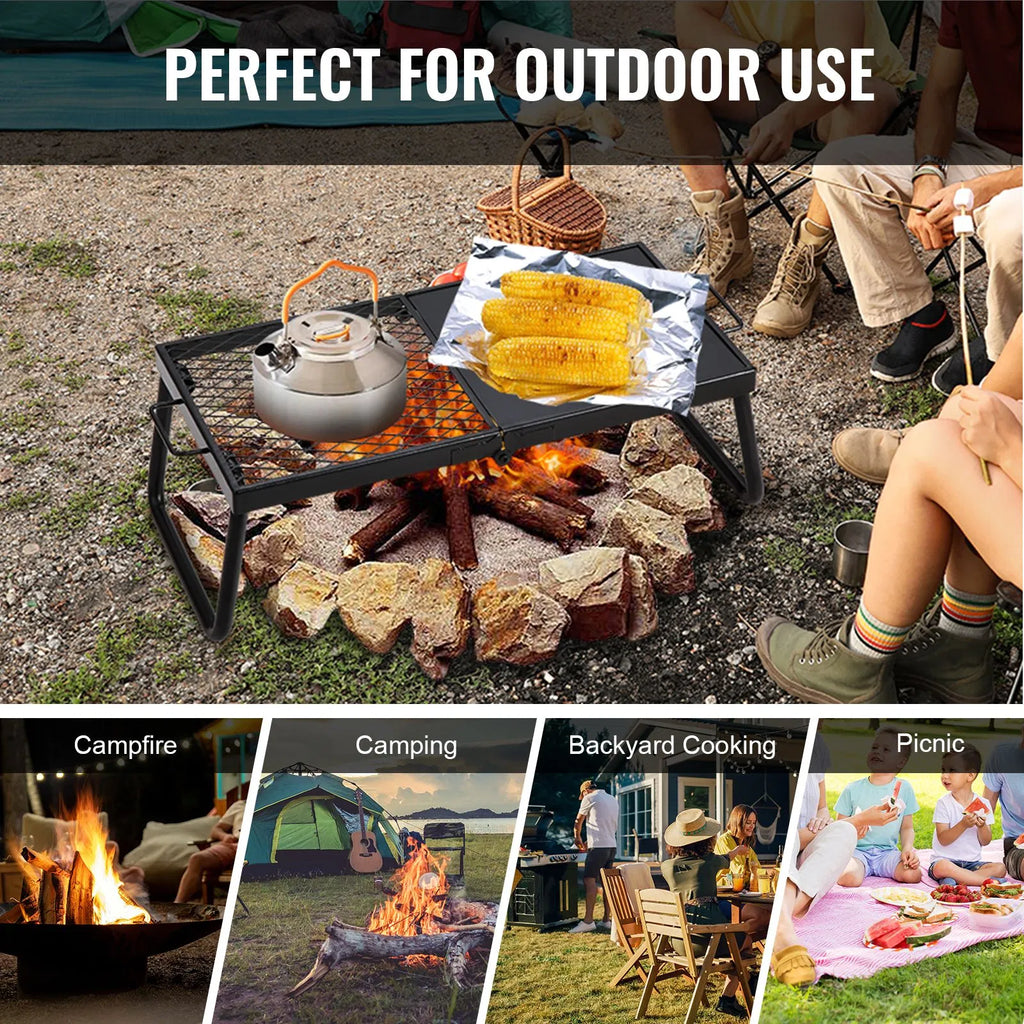 Foldable Campfire Grill, 22.4in Portable Over Fire Pit Cooking Grate, Half Grill & Half Griddle Heavy Duty Steel Camping BBQ Rack with Carry Bag for Outdoor Open Flame Cooking