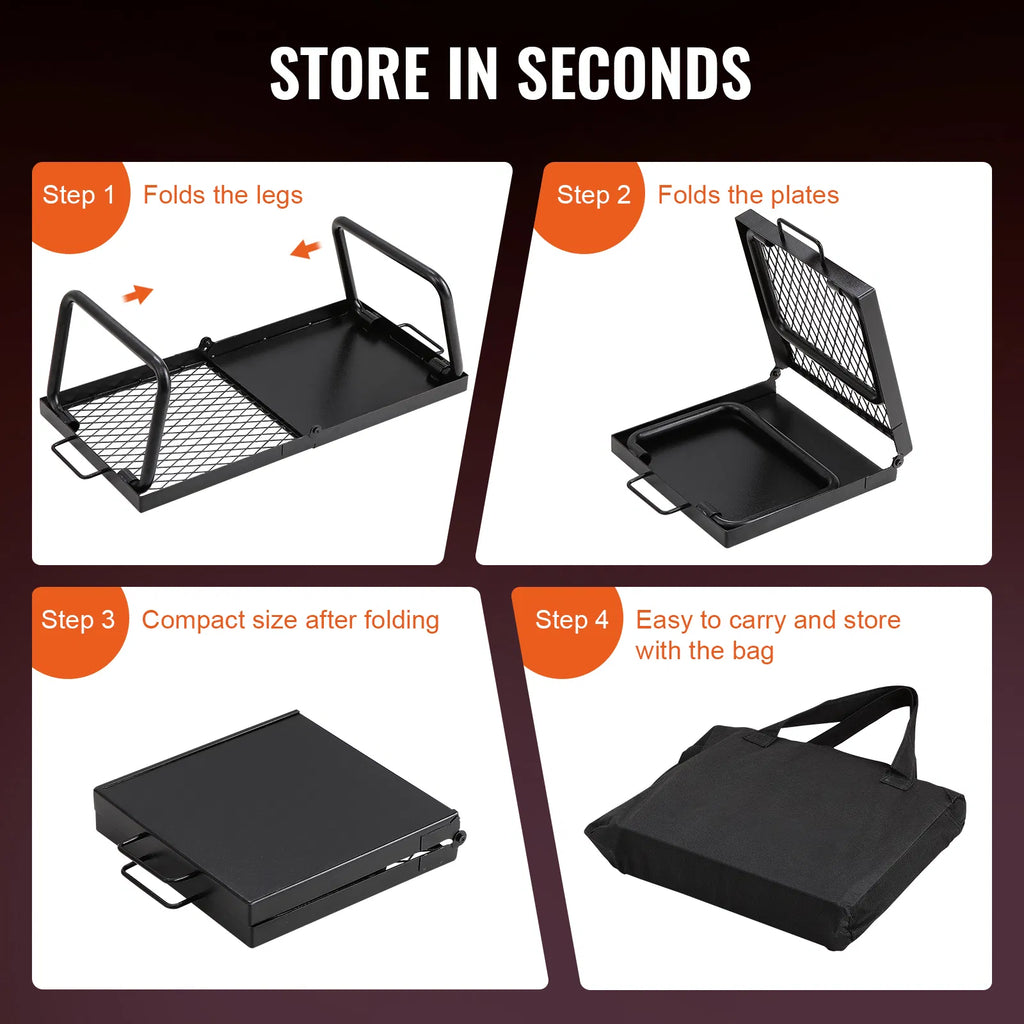 Foldable Campfire Grill, 22.4in Portable Over Fire Pit Cooking Grate, Half Grill & Half Griddle Heavy Duty Steel Camping BBQ Rack with Carry Bag for Outdoor Open Flame Cooking
