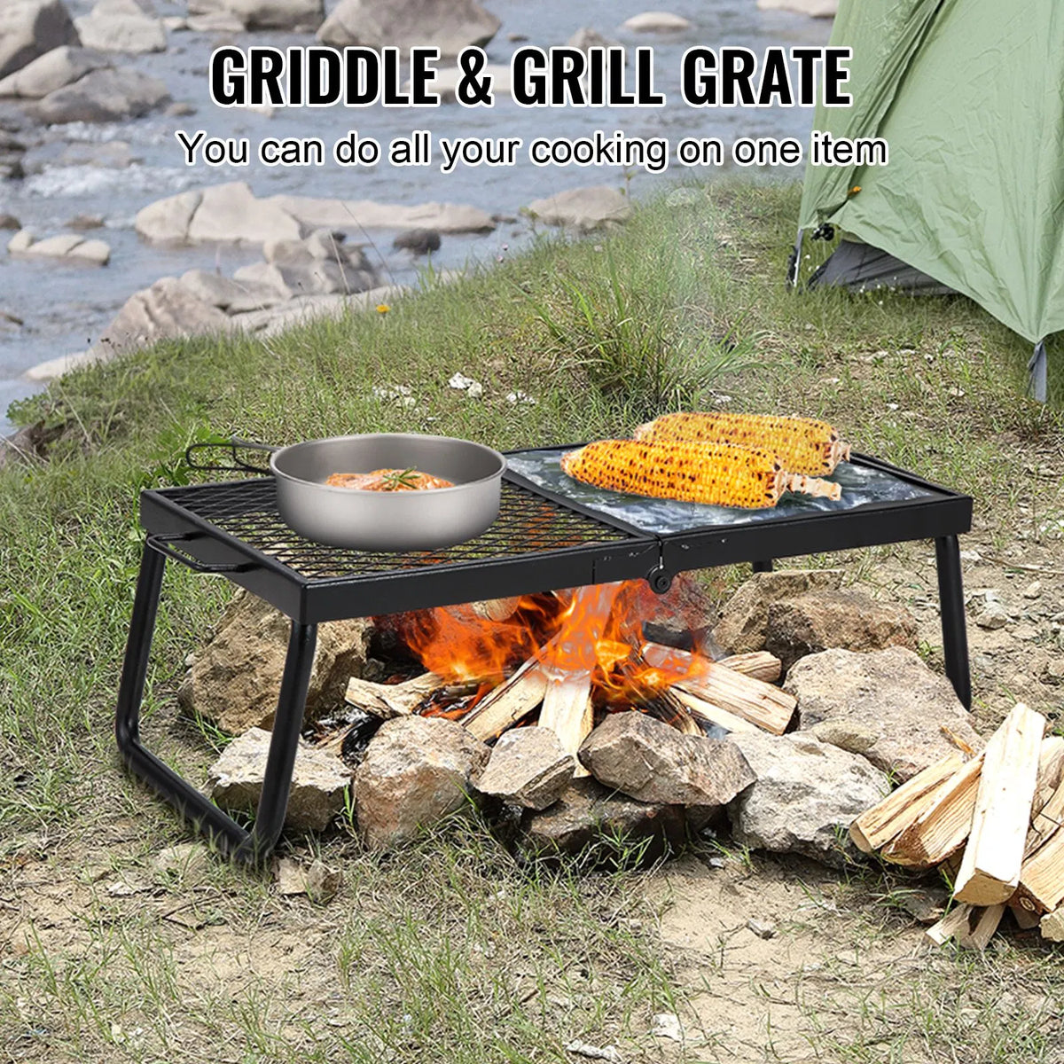 Foldable Campfire Grill, 22.4in Portable Over Fire Pit Cooking Grate, Half Grill & Half Griddle Heavy Duty Steel Camping BBQ Rack with Carry Bag for Outdoor Open Flame Cooking
