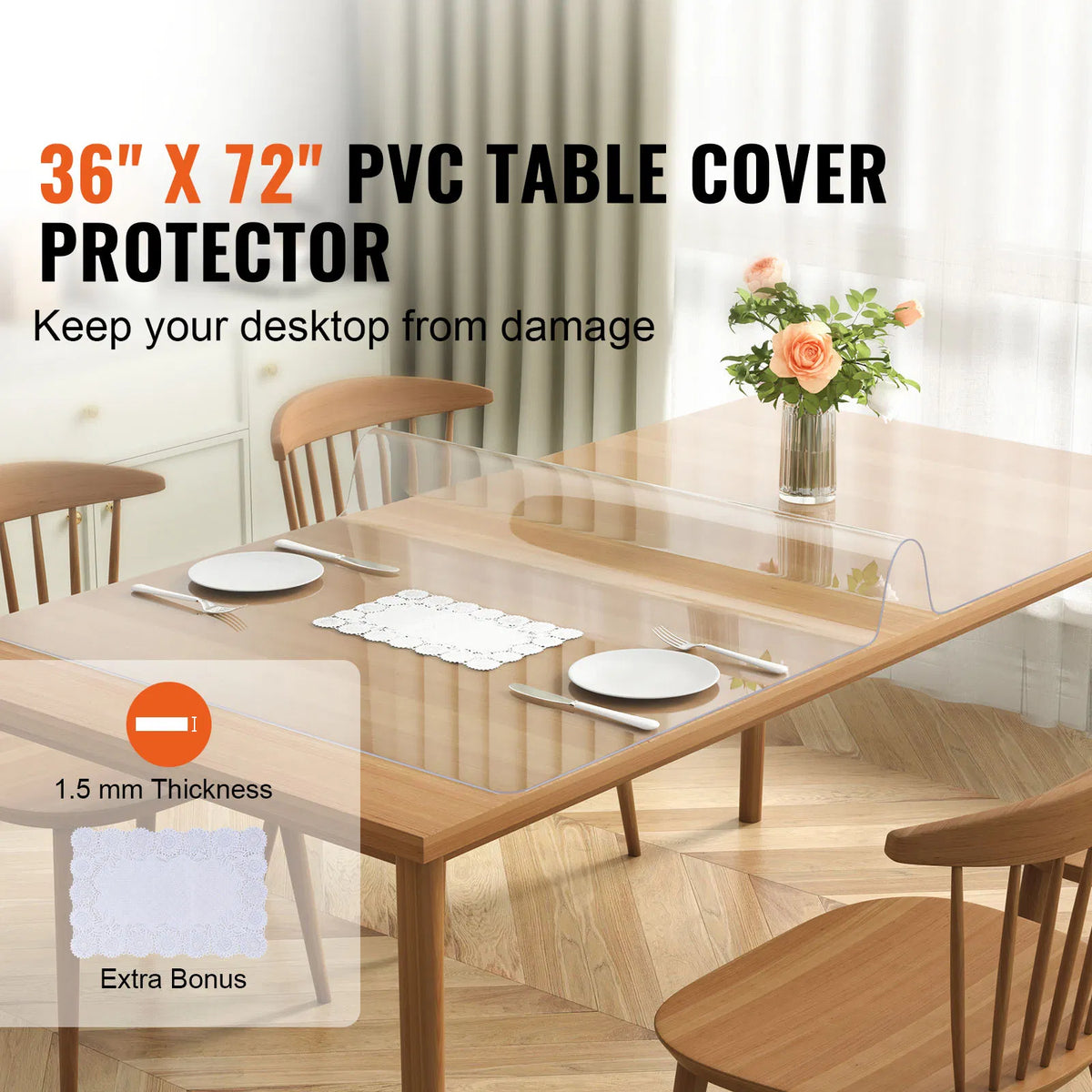 Clear PVC Table Cover Protector 36"x72",1.5mm Thick Waterproof Rectangle Plastic Tabletop Mat for Dining Table, Office Desk