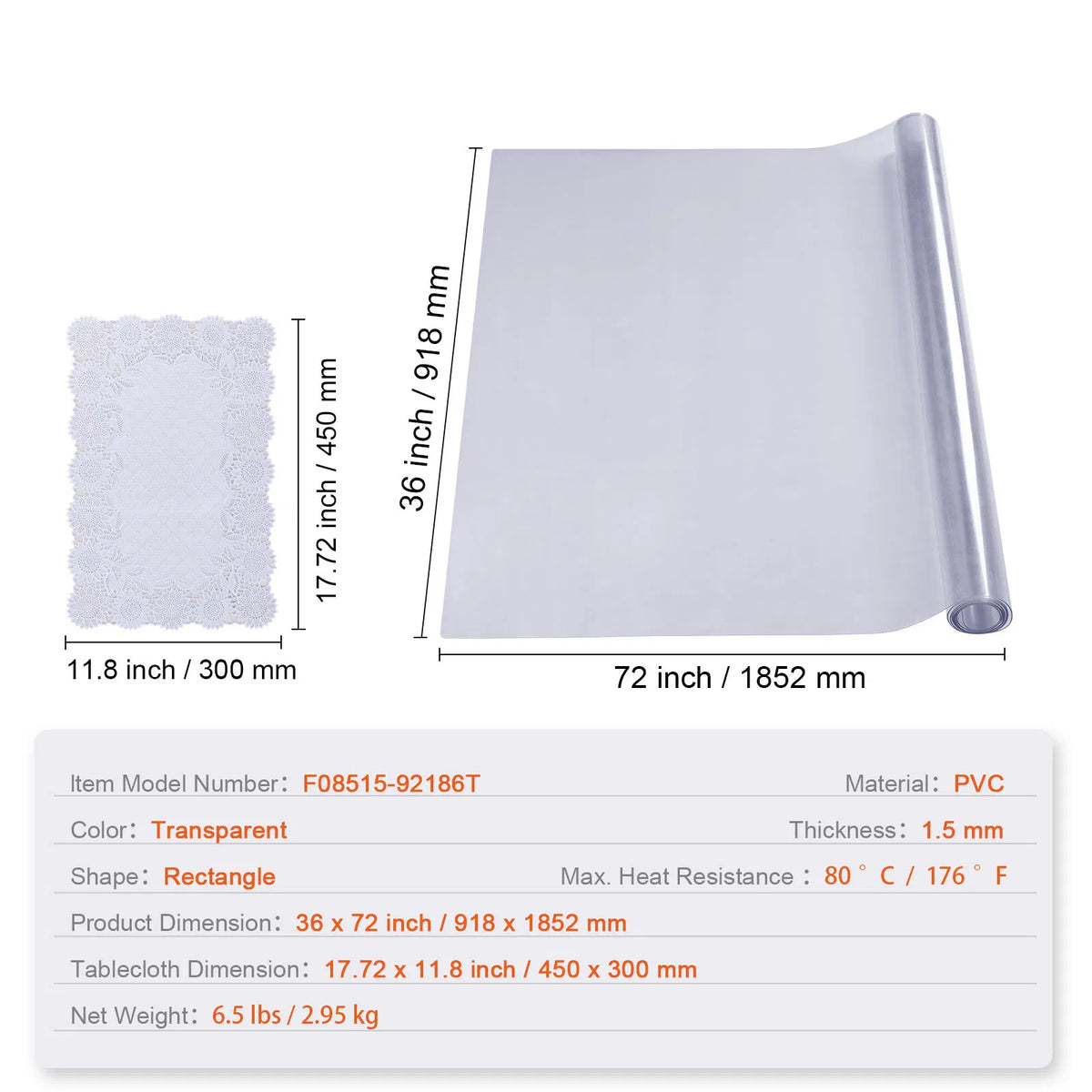 Clear PVC Table Cover Protector 36"x72",1.5mm Thick Waterproof Rectangle Plastic Tabletop Mat for Dining Table, Office Desk