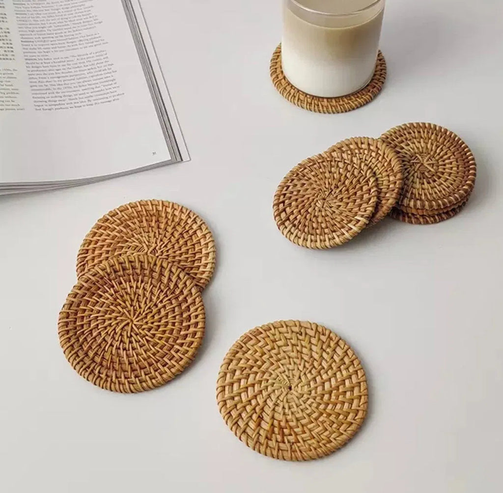 Handmade Round Rattan Coasters 4 Inch, Natural Woven Drink Coasters for Table, Coffee Cup Mug Coaster Set, Farmhouse Tabletop Home Decor
