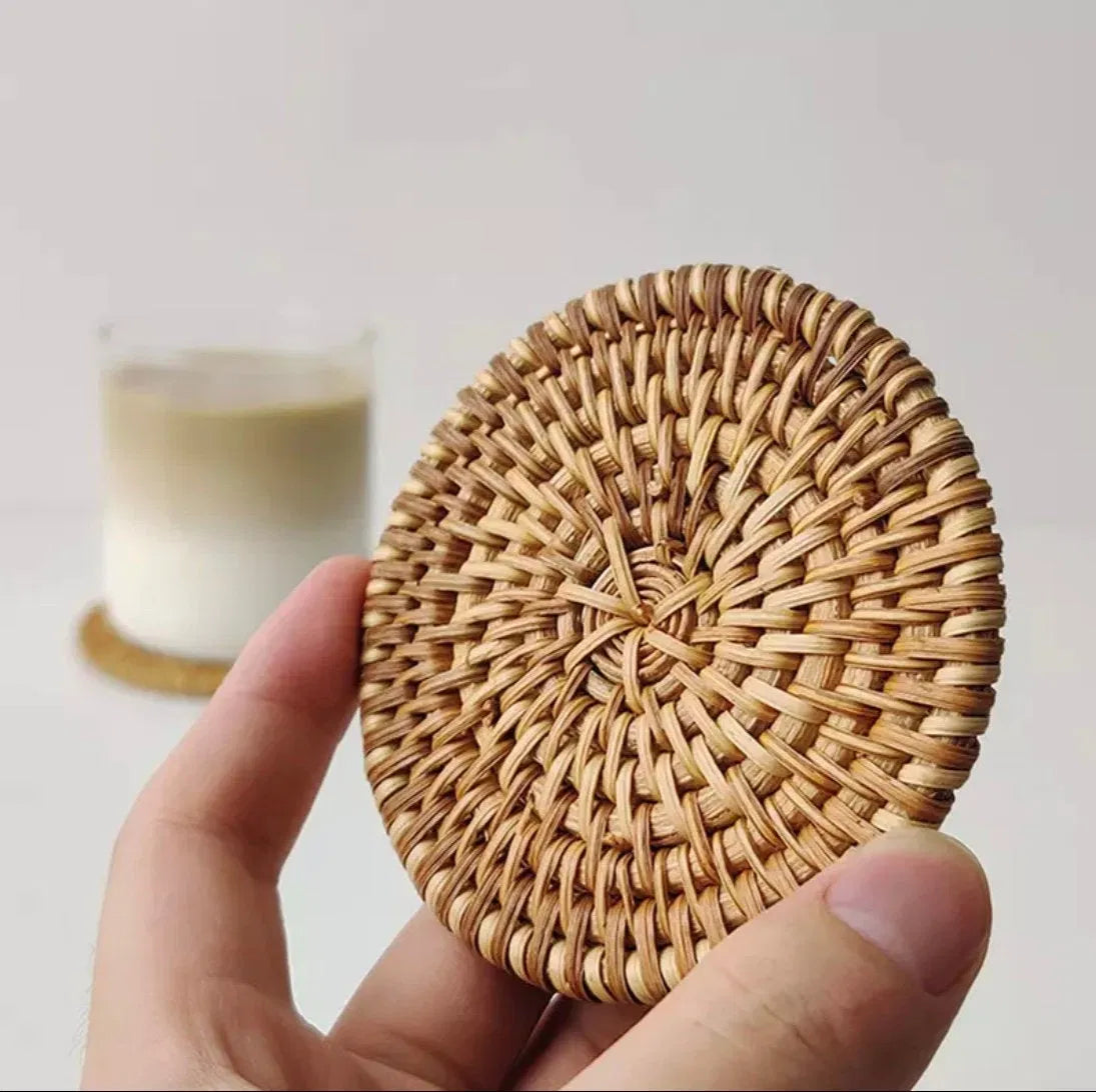 Handmade Round Rattan Coasters 4 Inch, Natural Woven Drink Coasters for Table, Coffee Cup Mug Coaster Set, Farmhouse Tabletop Home Decor