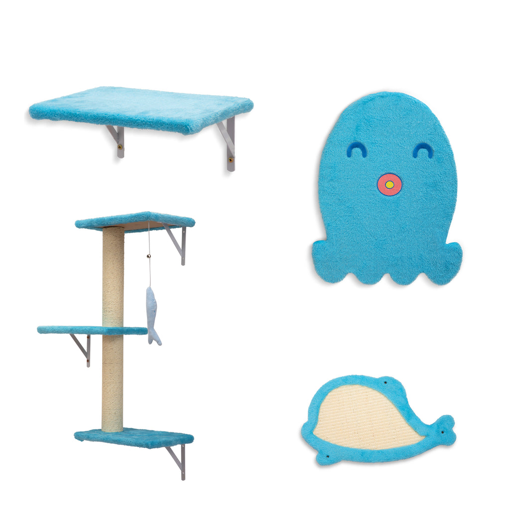 4-Piece Ocean Themed Wall Mounted Cat Tree Set, Blue Plush Cat Wall Shelves with Sisal Scratching Mat & Hanging Fish Toy for Indoor Cats