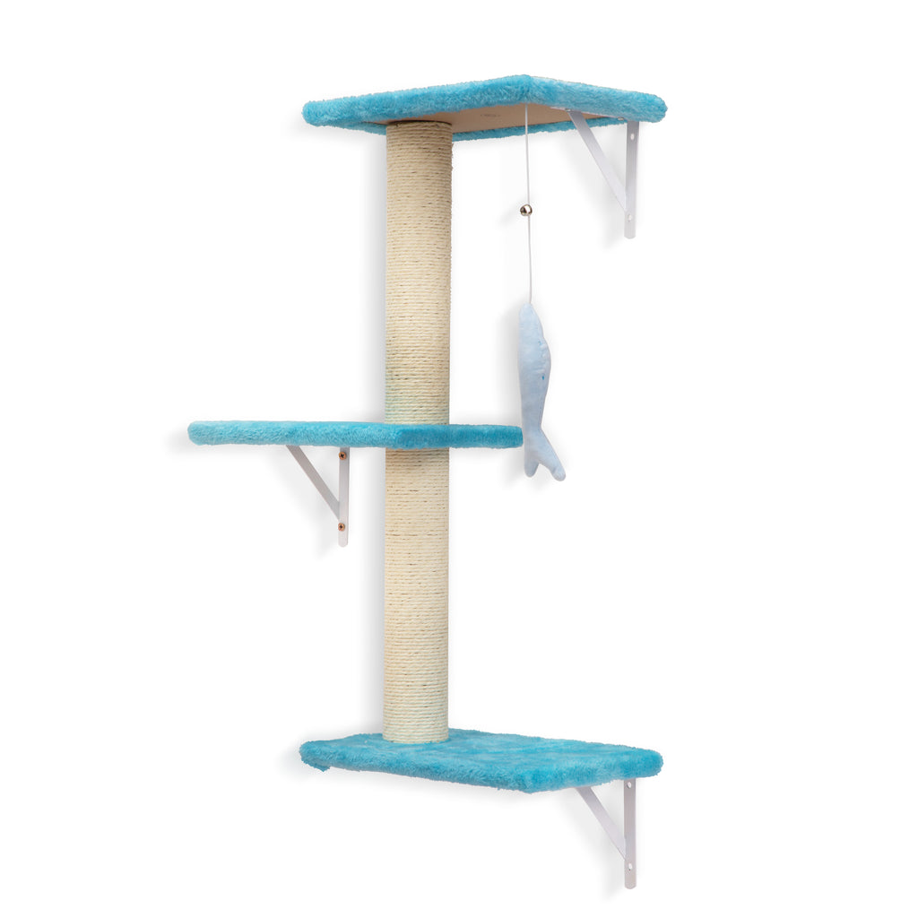 4-Piece Ocean Themed Wall Mounted Cat Tree Set, Blue Plush Cat Wall Shelves with Sisal Scratching Mat & Hanging Fish Toy for Indoor Cats