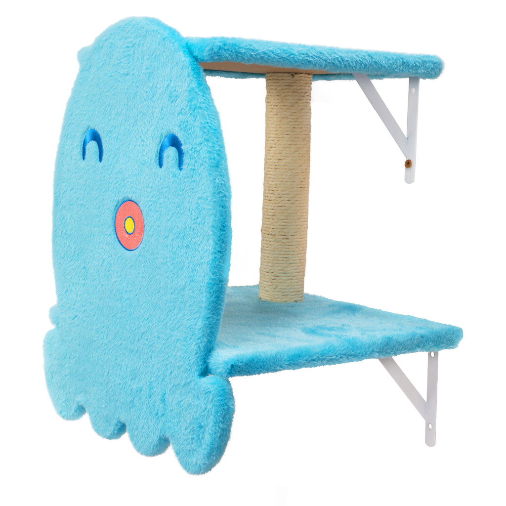 4-Piece Ocean Themed Wall Mounted Cat Tree Set, Blue Plush Cat Wall Shelves with Sisal Scratching Mat & Hanging Fish Toy for Indoor Cats