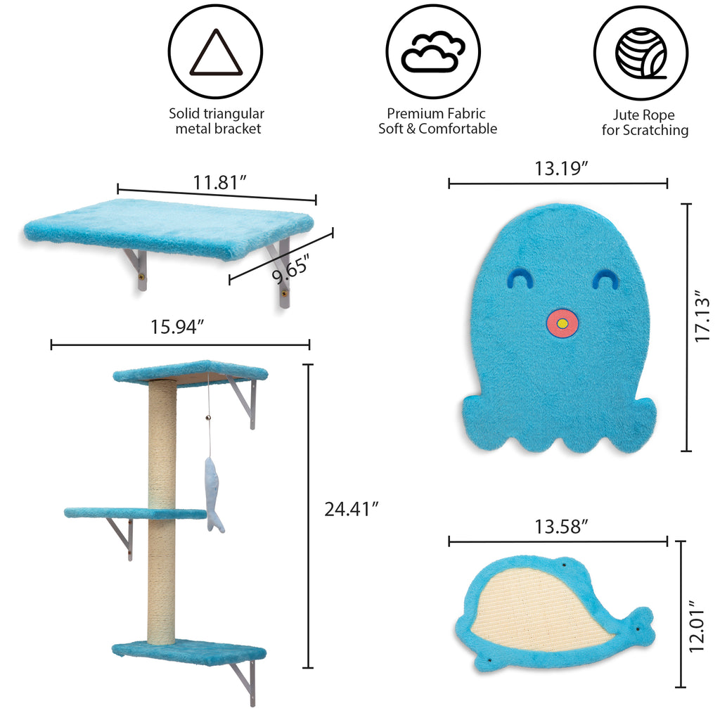 4-Piece Ocean Themed Wall Mounted Cat Tree Set, Blue Plush Cat Wall Shelves with Sisal Scratching Mat & Hanging Fish Toy for Indoor Cats