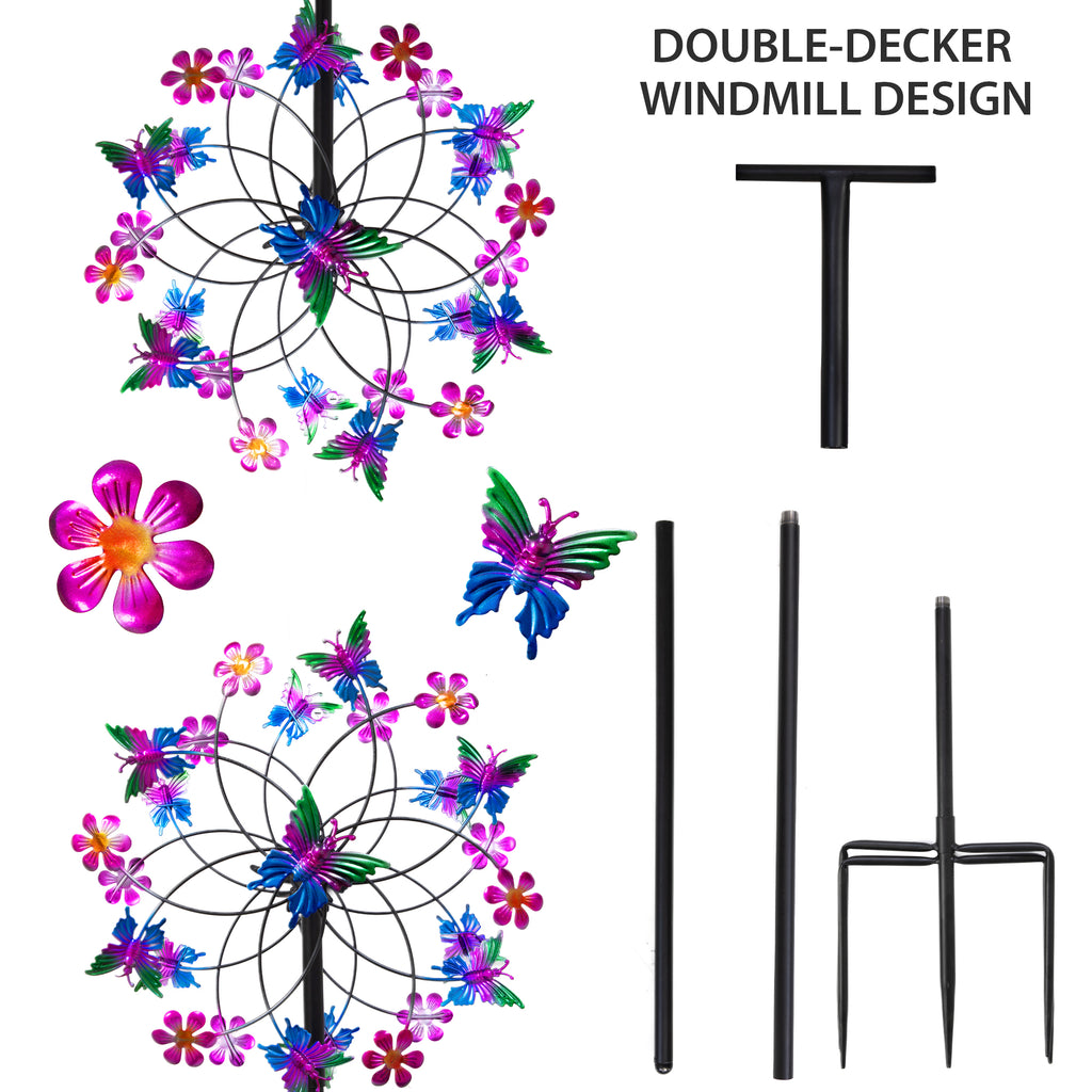 Double Layer Butterfly Flower Metal Wind Spinner, 78.7 Inch 360° Rotatable Outdoor Garden Windmill with 4-Prong Ground Stake for Yard Patio Decor