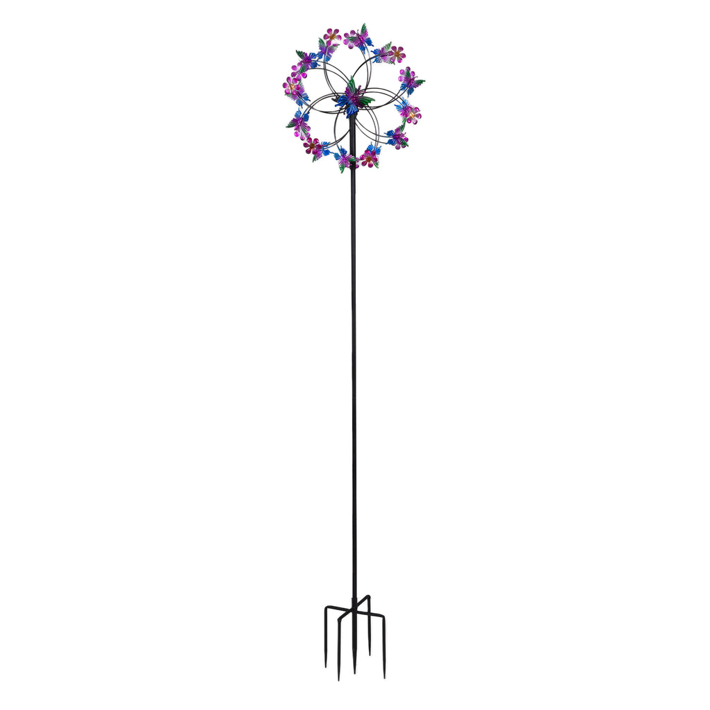 Double Layer Butterfly Flower Metal Wind Spinner, 78.7 Inch 360° Rotatable Outdoor Garden Windmill with 4-Prong Ground Stake for Yard Patio Decor