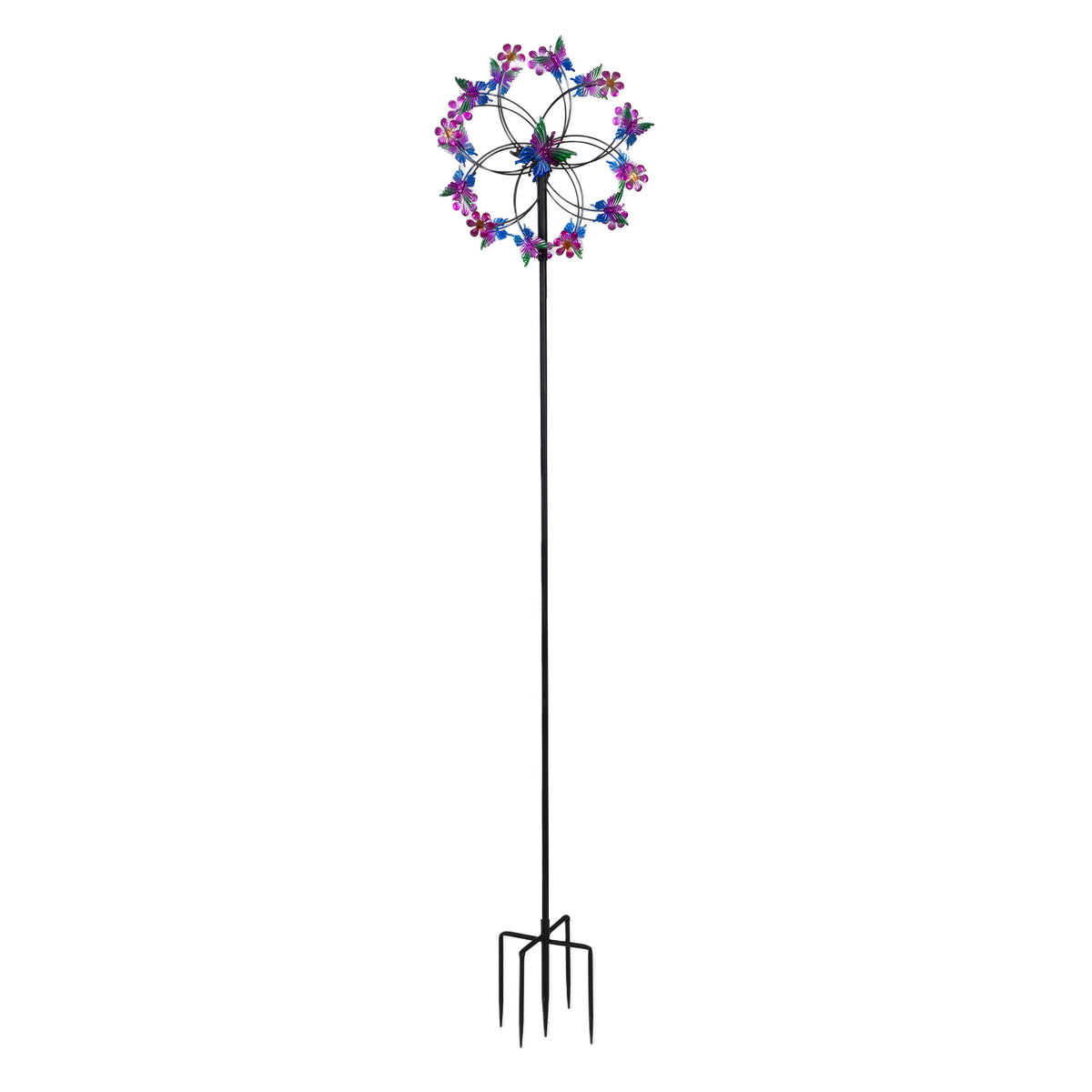 Double Layer Butterfly Flower Metal Wind Spinner, 78.7 Inch 360° Rotatable Outdoor Garden Windmill with 4-Prong Ground Stake for Yard Patio Decor