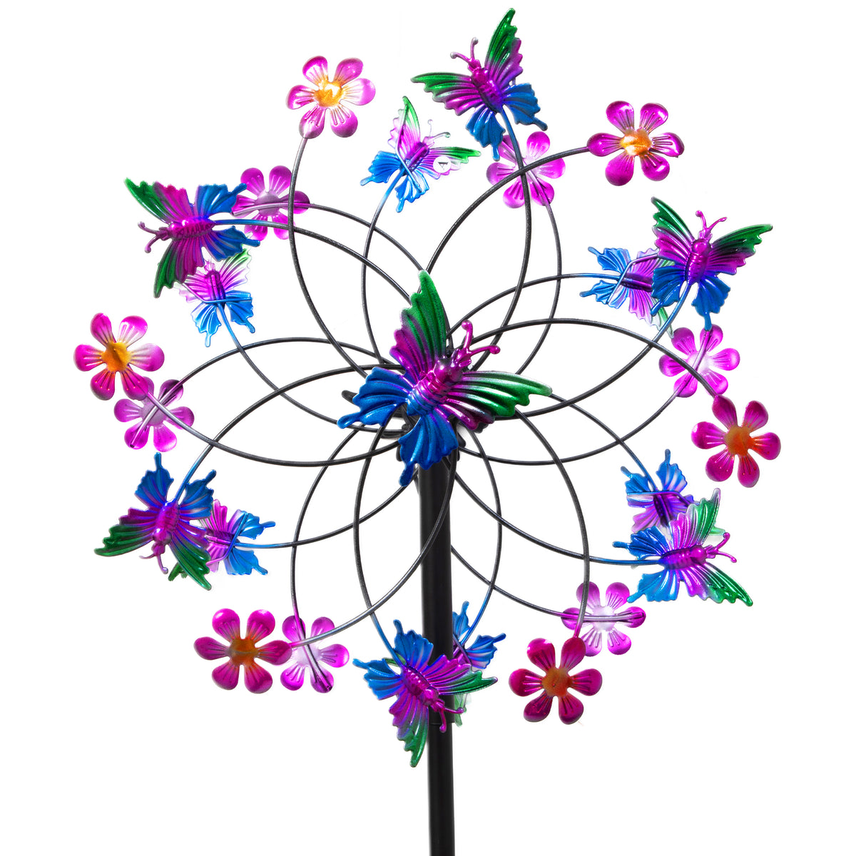 Double Layer Butterfly Flower Metal Wind Spinner, 78.7 Inch 360° Rotatable Outdoor Garden Windmill with 4-Prong Ground Stake for Yard Patio Decor