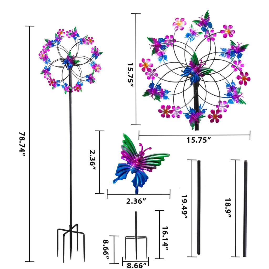 Double Layer Butterfly Flower Metal Wind Spinner, 78.7 Inch 360° Rotatable Outdoor Garden Windmill with 4-Prong Ground Stake for Yard Patio Decor
