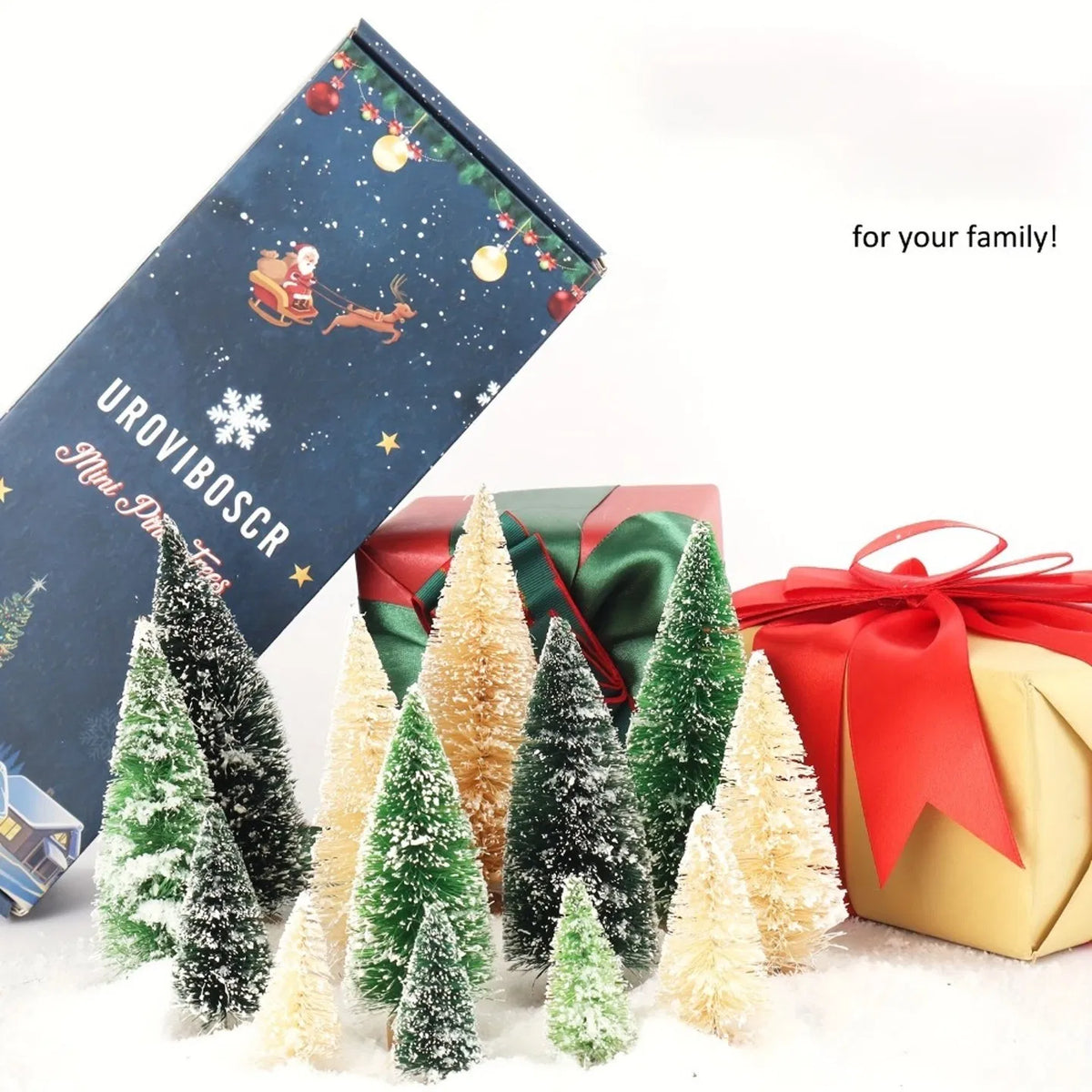 15Pcs Mini Christmas Trees, Bottle Brush Snow Frosted Sisal Trees with Wooden Base, 3 Colors 5 Sizes Tabletop Small Xmas Tree for Holiday Winter Crafts Decor