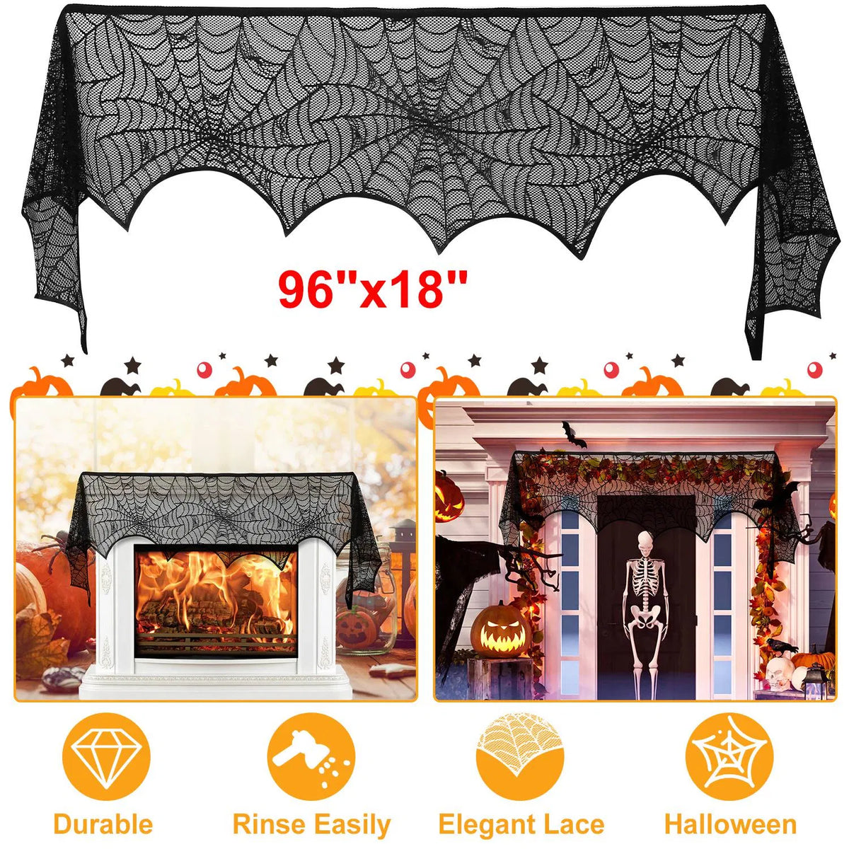 Halloween Black Lace Spider Web Fireplace Mantel Scarf, 96"x18" Bat Edge Mantel Cover, Spooky Lace Table Runner for Halloween Home Door Window Decor`