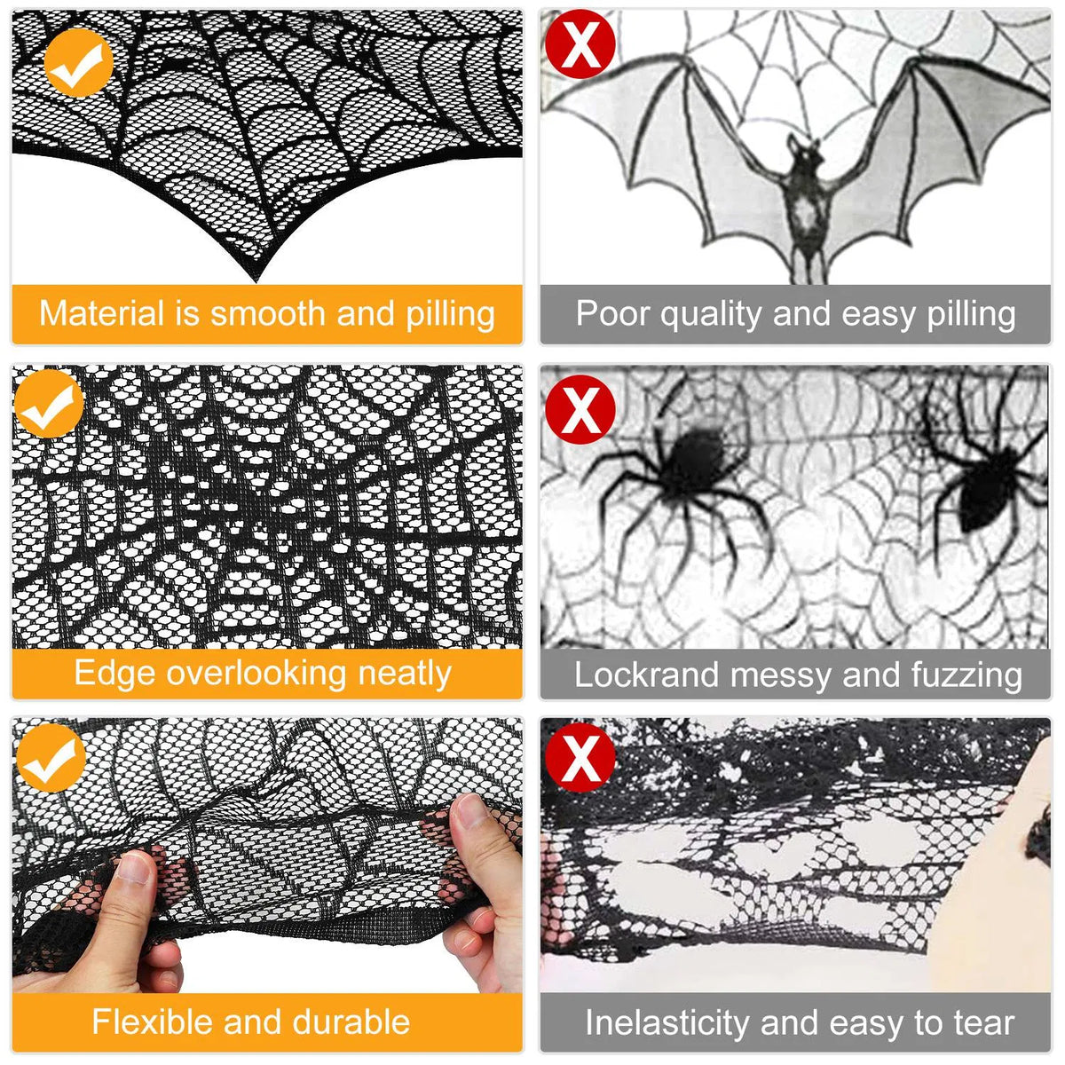 Halloween Black Lace Spider Web Fireplace Mantel Scarf, 96"x18" Bat Edge Mantel Cover, Spooky Lace Table Runner for Halloween Home Door Window Decor`