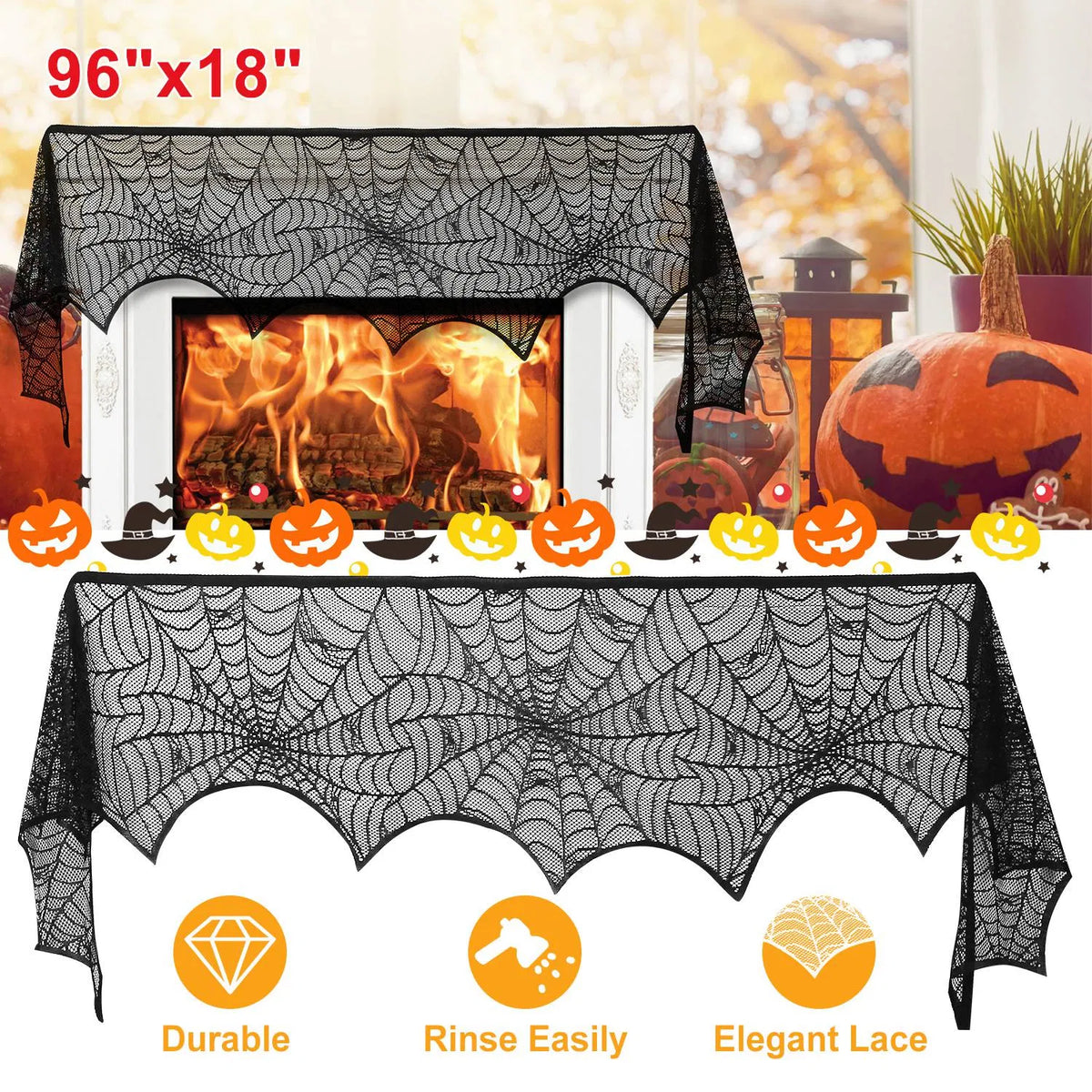 Halloween Black Lace Spider Web Fireplace Mantel Scarf, 96"x18" Bat Edge Mantel Cover, Spooky Lace Table Runner for Halloween Home Door Window Decor`