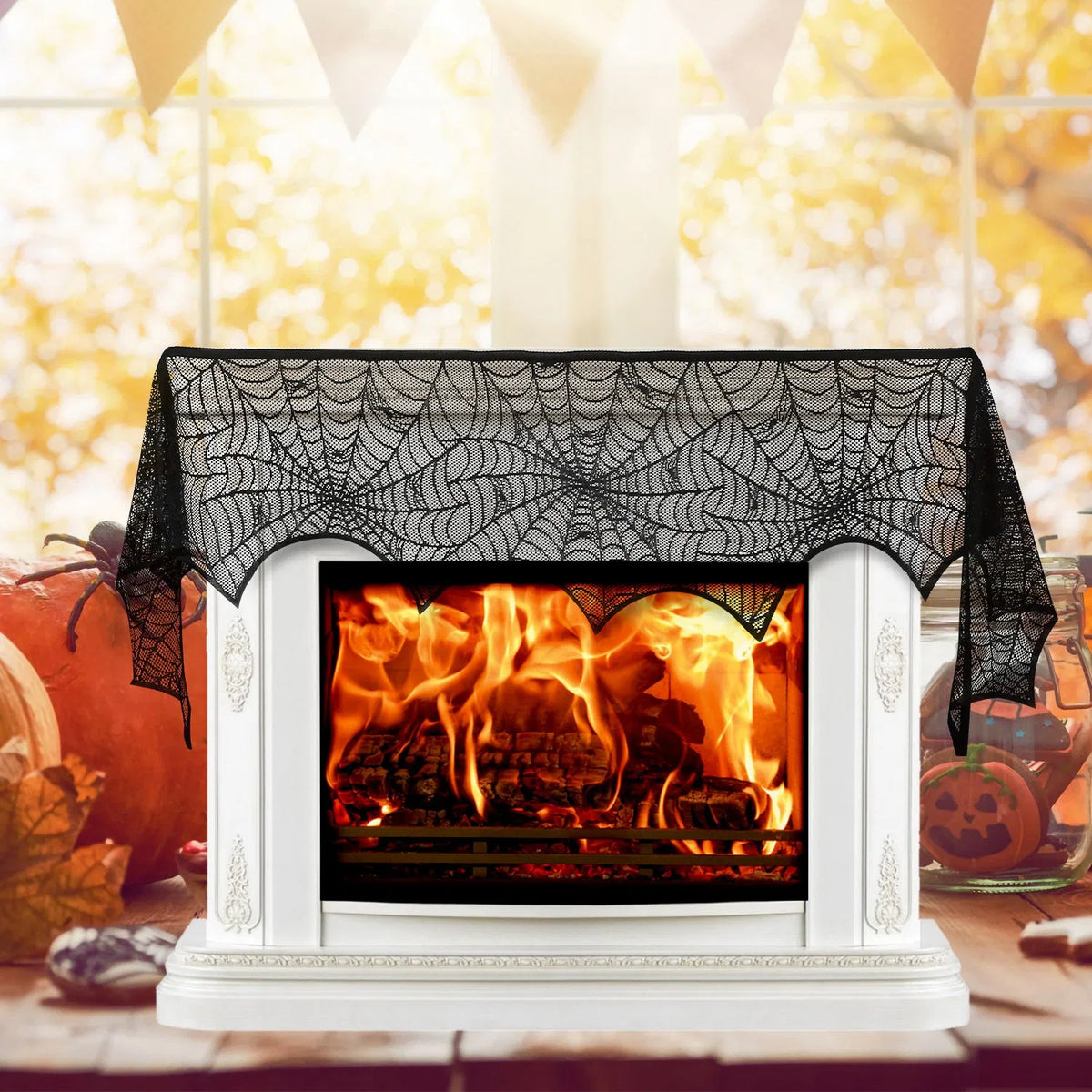 Halloween Black Lace Spider Web Fireplace Mantel Scarf, 96"x18" Bat Edge Mantel Cover, Spooky Lace Table Runner for Halloween Home Door Window Decor`