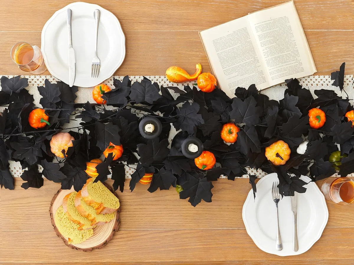 Halloween Black Maple Leaf Garland, 2 Pack 6.5FT Artificial Fall Leaf Vine, Spooky Black Foliage Garland for Mantel, Table & Party Decor`