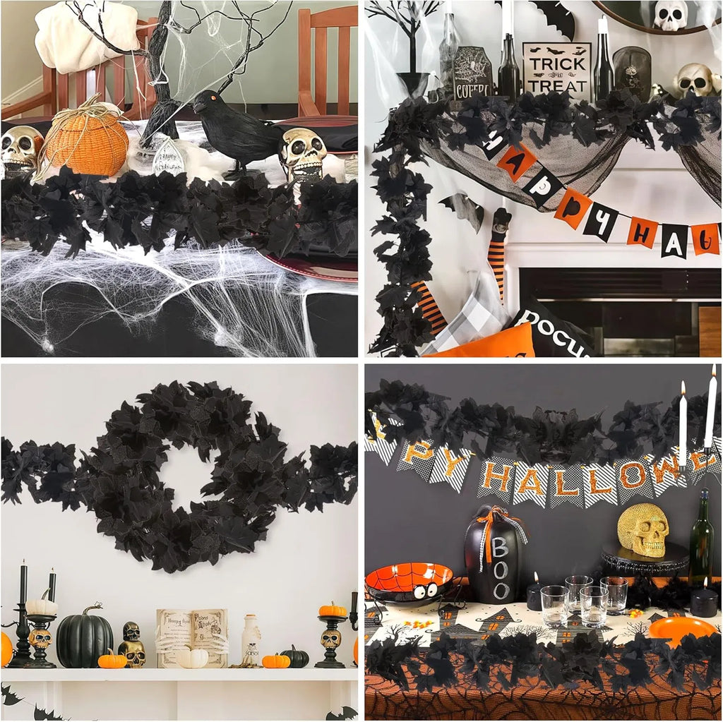 Halloween Black Maple Leaf Garland, 2 Pack 6.5FT Artificial Fall Leaf Vine, Spooky Black Foliage Garland for Mantel, Table & Party Decor`
