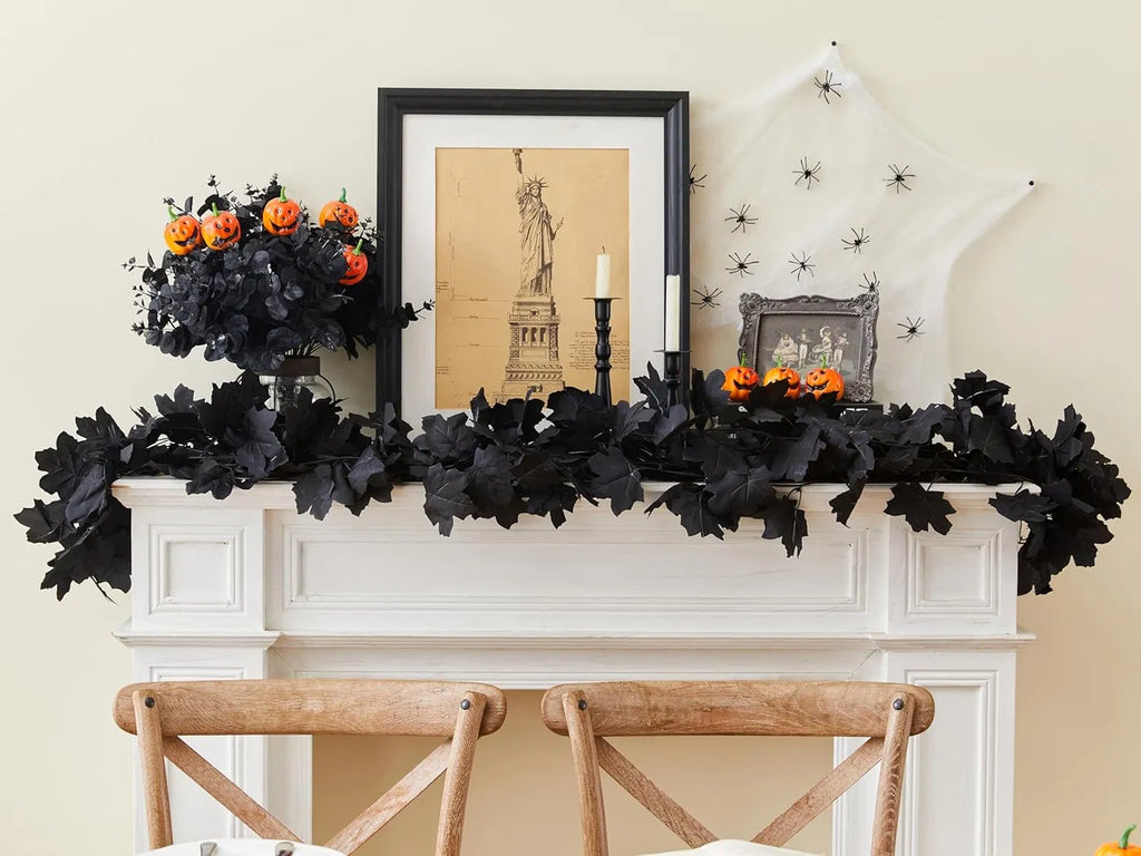 Halloween Black Maple Leaf Garland, 2 Pack 6.5FT Artificial Fall Leaf Vine, Spooky Black Foliage Garland for Mantel, Table & Party Decor`