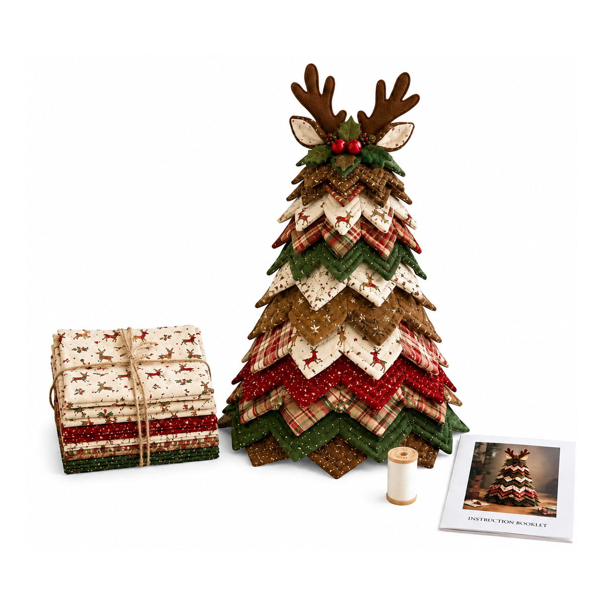 Christmas Tree Quilt Kit, Reindeer DIY Patchwork Fabric Tabletop Christmas Tree, Polyester 3D Quilted Xmas Decor Craft Kit for Adult Beginners