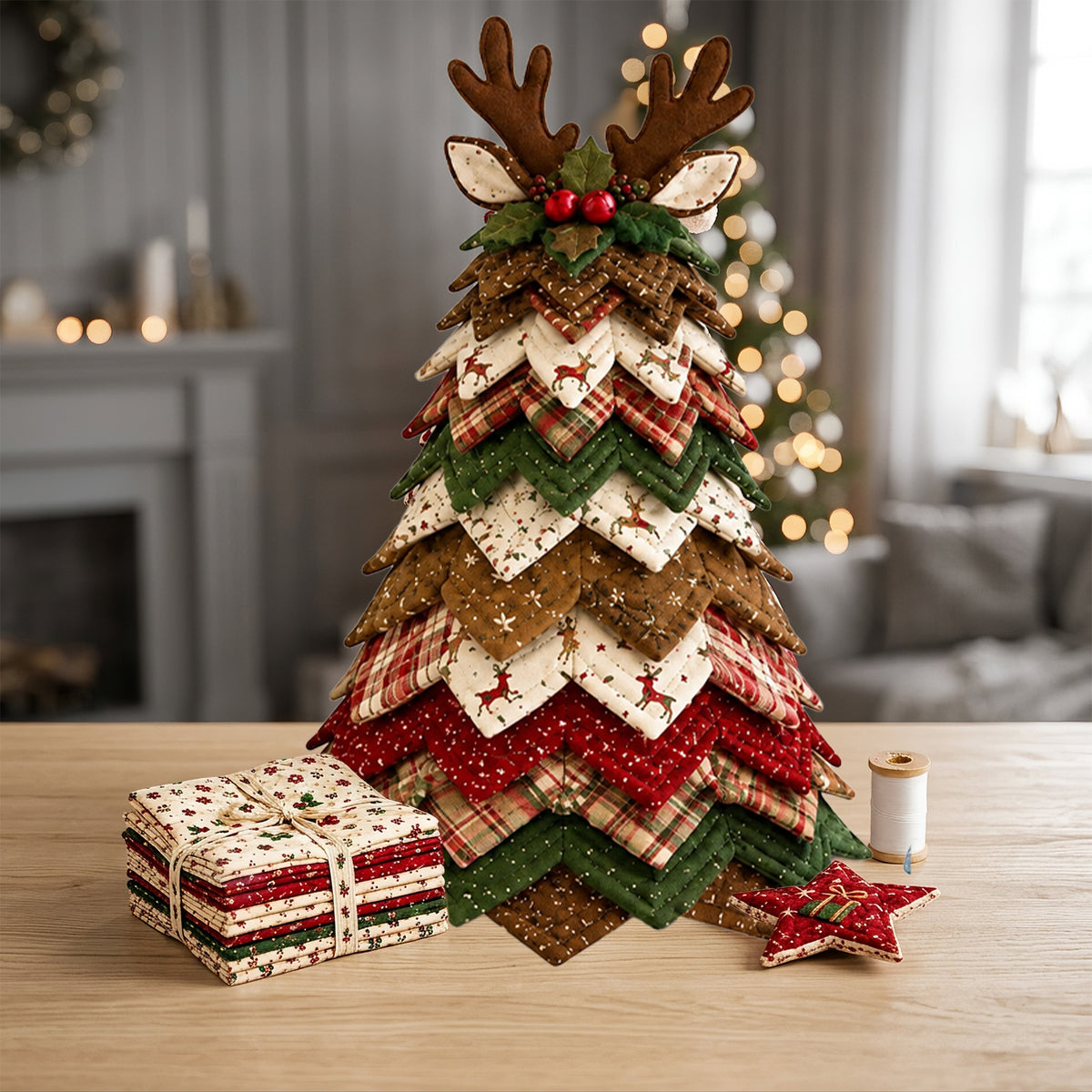Christmas Tree Quilt Kit, Reindeer DIY Patchwork Fabric Tabletop Christmas Tree, Polyester 3D Quilted Xmas Decor Craft Kit for Adult Beginners