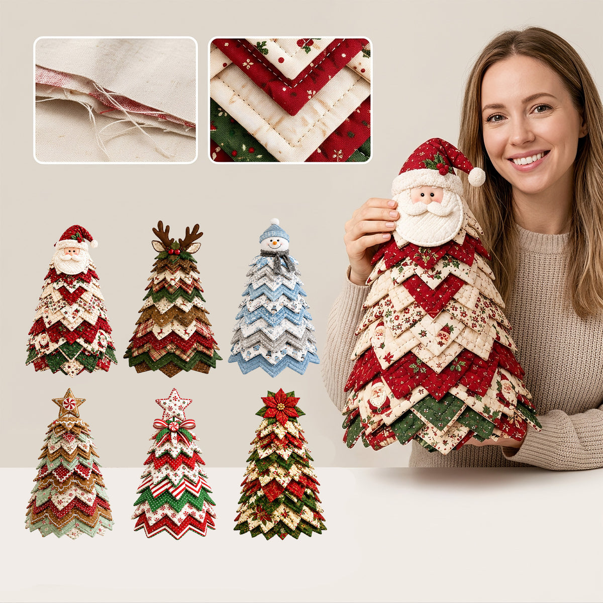 DIY Quilted Fabric Christmas Tree Sewing Kit, Blue Snowman Topper, Beginner Christmas Craft Kit, Tabletop Holiday Decoration, Pre-Cut Polyester Fabric with Instruction Book