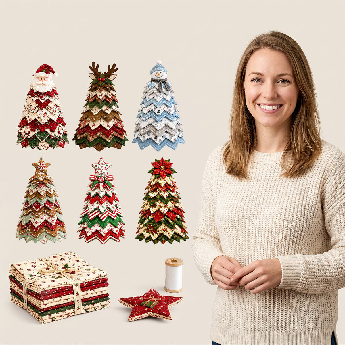 DIY Quilted Fabric Christmas Tree Sewing Kit, Blue Snowman Topper, Beginner Christmas Craft Kit, Tabletop Holiday Decoration, Pre-Cut Polyester Fabric with Instruction Book