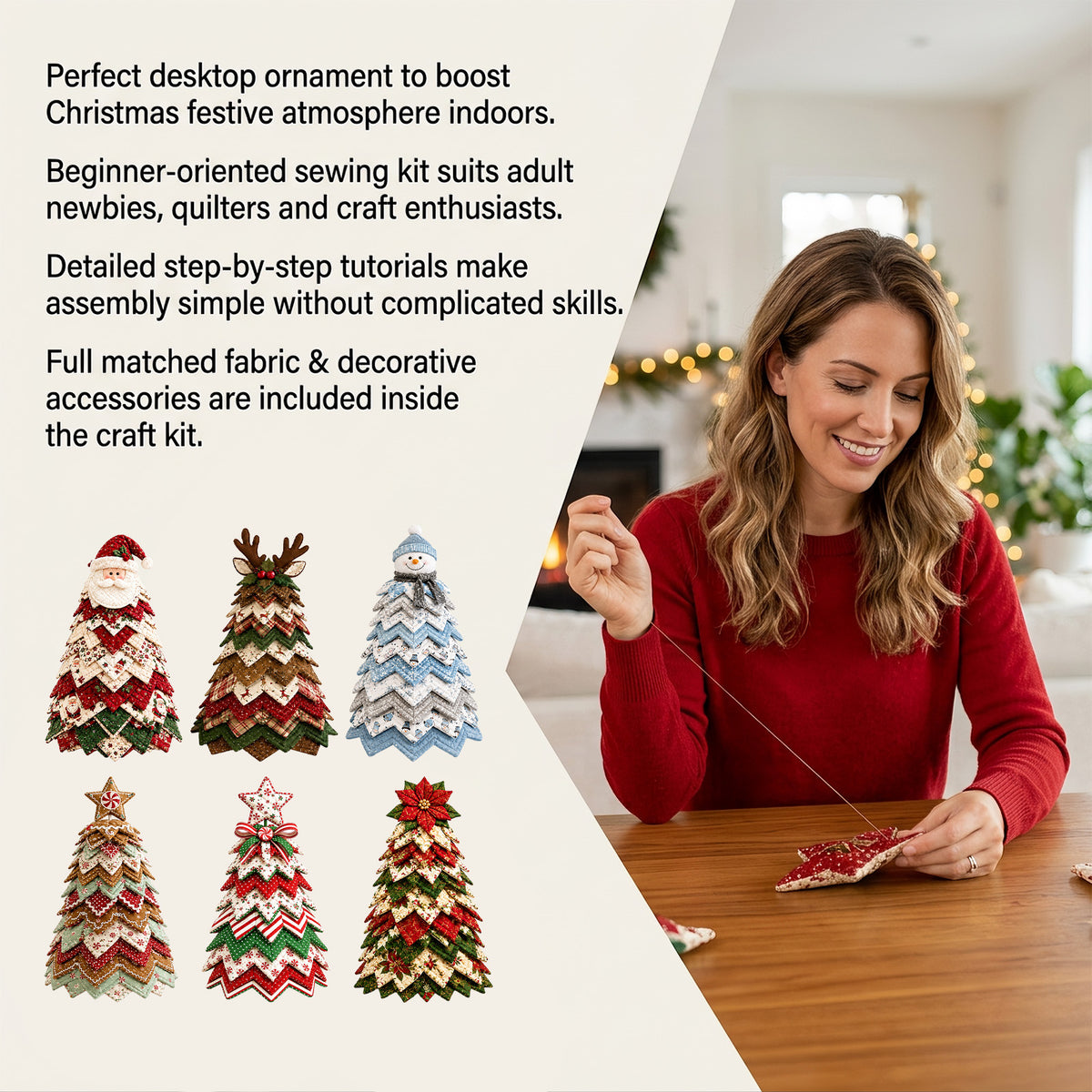 DIY Quilted Fabric Christmas Tree Sewing Kit, Blue Snowman Topper, Beginner Christmas Craft Kit, Tabletop Holiday Decoration, Pre-Cut Polyester Fabric with Instruction Book