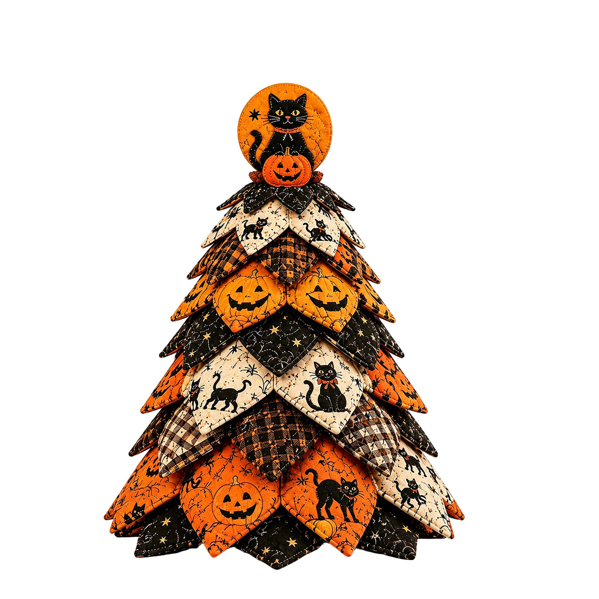DIY Quilted Fabric Halloween Tree Sewing Kit, Black Cat Pumpkin Tabletop Halloween Decoration, Beginner Craft Kit with Pre-Cut Fabrics & Step Instruction