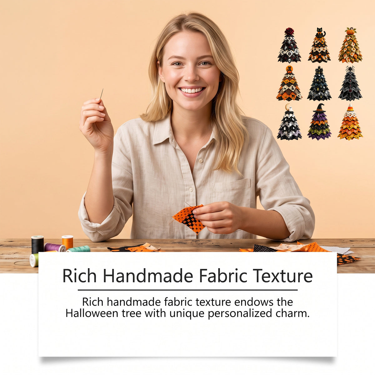 DIY Quilted Fabric Halloween Tree Sewing Kit, Black Cat Pumpkin Tabletop Halloween Decoration, Beginner Craft Kit with Pre-Cut Fabrics & Step Instruction