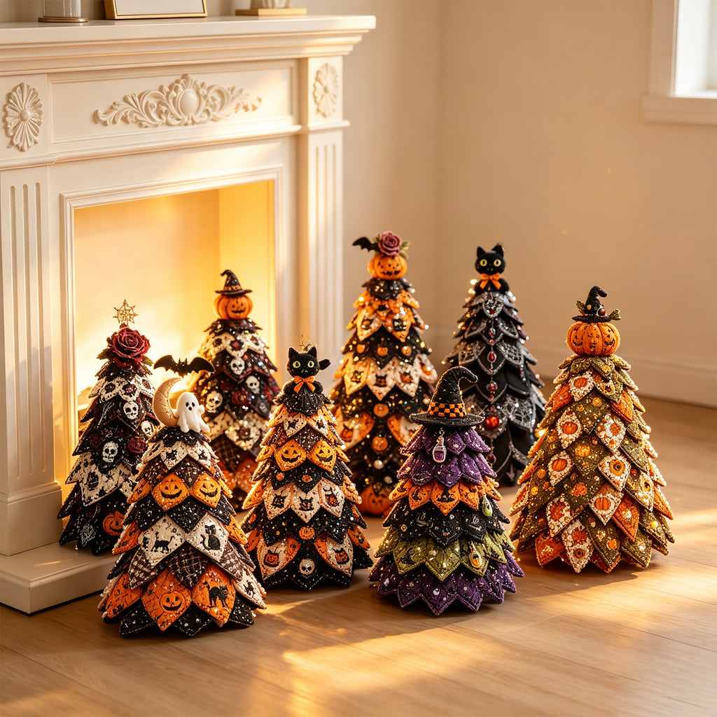 DIY Quilted Fabric Halloween Tree Sewing Kit, Black Cat Pumpkin Tabletop Halloween Decoration, Beginner Craft Kit with Pre-Cut Fabrics & Step Instruction