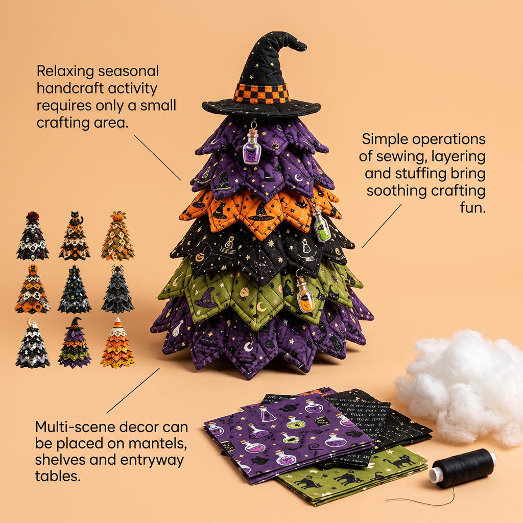 DIY Quilted Fabric Halloween Tree Sewing Kit, Black Cat Pumpkin Tabletop Halloween Decoration, Beginner Craft Kit with Pre-Cut Fabrics & Step Instruction