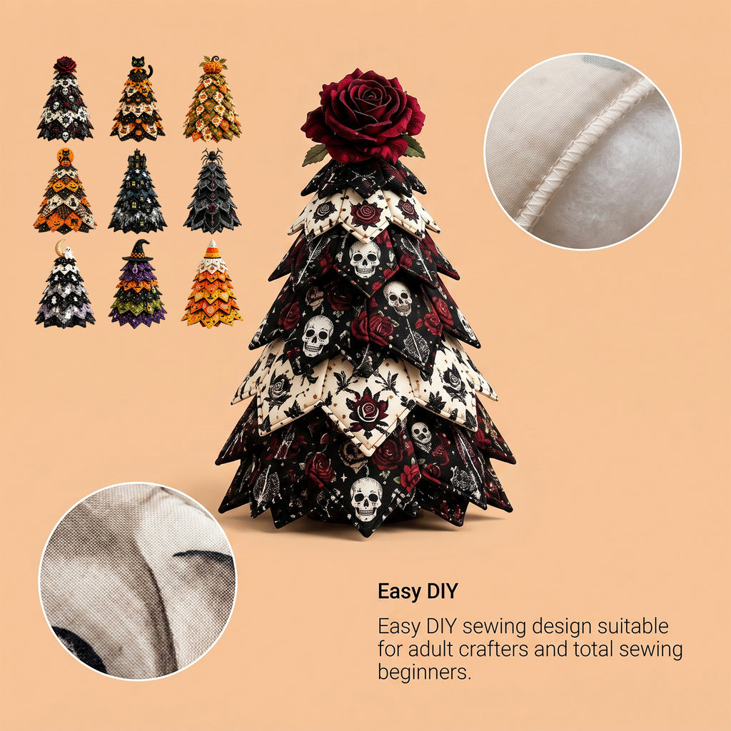 DIY Quilted Fabric Halloween Tree Sewing Kit, Black Cat Pumpkin Tabletop Halloween Decoration, Beginner Craft Kit with Pre-Cut Fabrics & Step Instruction