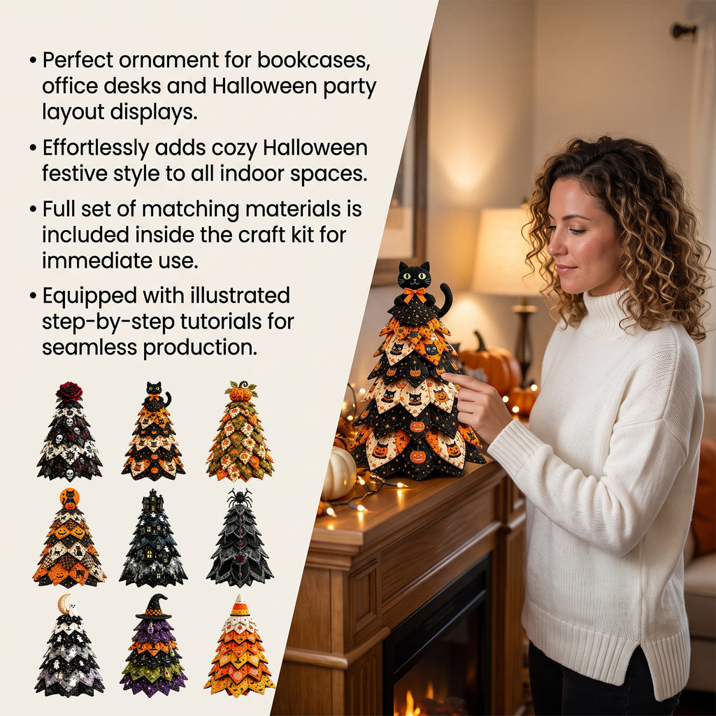 DIY Quilted Fabric Halloween Tree Sewing Kit, Black Cat Pumpkin Tabletop Halloween Decoration, Beginner Craft Kit with Pre-Cut Fabrics & Step Instruction