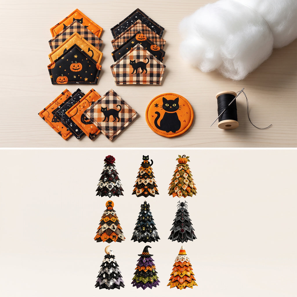 DIY Quilted Fabric Halloween Tree Sewing Kit, Haunted Castle Ghost Tabletop Halloween Decor, Beginner Craft Kit with Pre-Cut Fabrics & Guide
