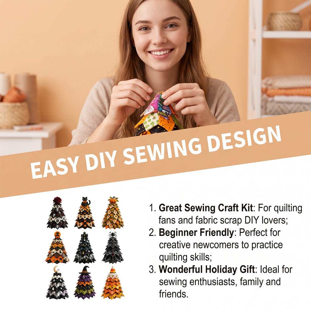 DIY Quilted Fabric Halloween Tree Sewing Kit, Haunted Castle Ghost Tabletop Halloween Decor, Beginner Craft Kit with Pre-Cut Fabrics & Guide