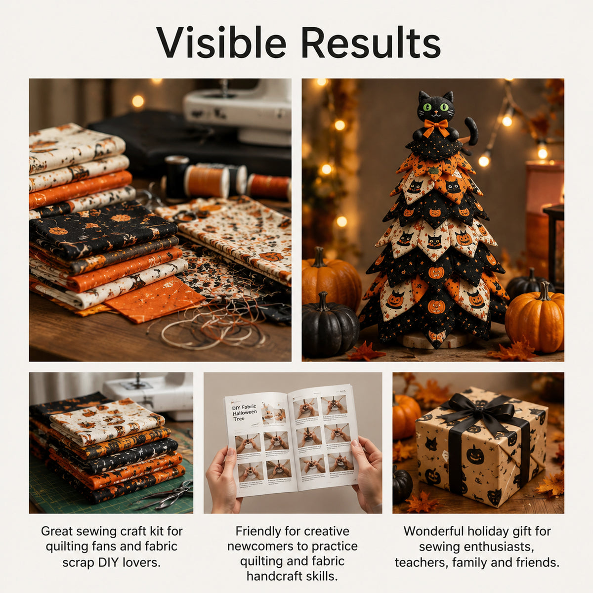 DIY Quilted Fabric Halloween Tree Sewing Kit, Haunted Castle Ghost Tabletop Halloween Decor, Beginner Craft Kit with Pre-Cut Fabrics & Guide