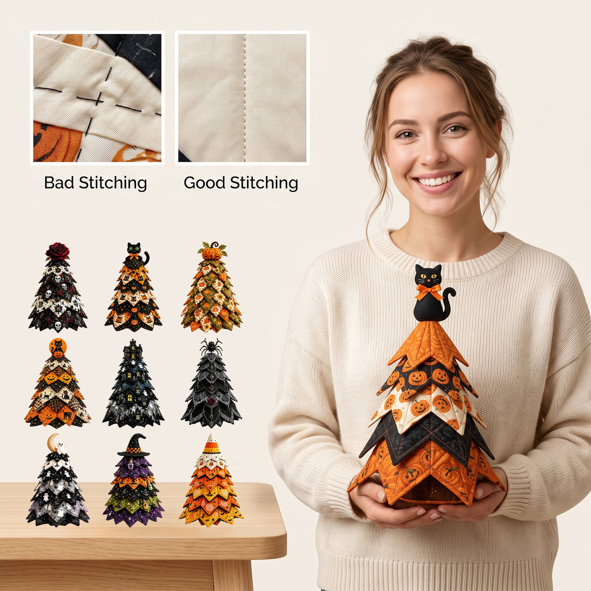DIY Quilted Fabric Halloween Tree Sewing Kit, Ghost Moon Tabletop Halloween Decor, Beginner Craft Kit with Pre-Cut Fabric Pieces & Guide