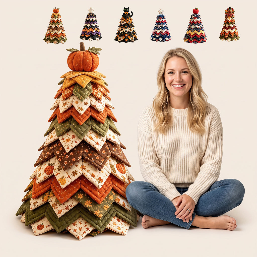 DIY Quilted Fabric Christmas Tree Kit, White Star Topper, Patriotic Red White Blue Patchwork Tabletop Holiday Decoration, Handmade Craft Kit for Mantel Shelf Xmas Home Decor, 7.88in